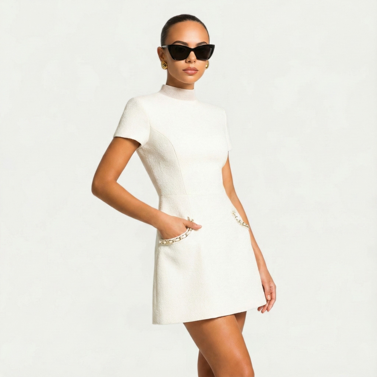 Robe Femme Mini Manches Courtes Col Rond Détails en Perles Poches Fonctionnelles Silhouette Ajustée Smart Formelle Cocktail Soirée Bureau Quotidien – Perléa