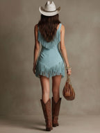 Robe Mini Sans Manches en Suédé Synthétique à Franges Style Western Rétro pour Femmes – Bleu Clair