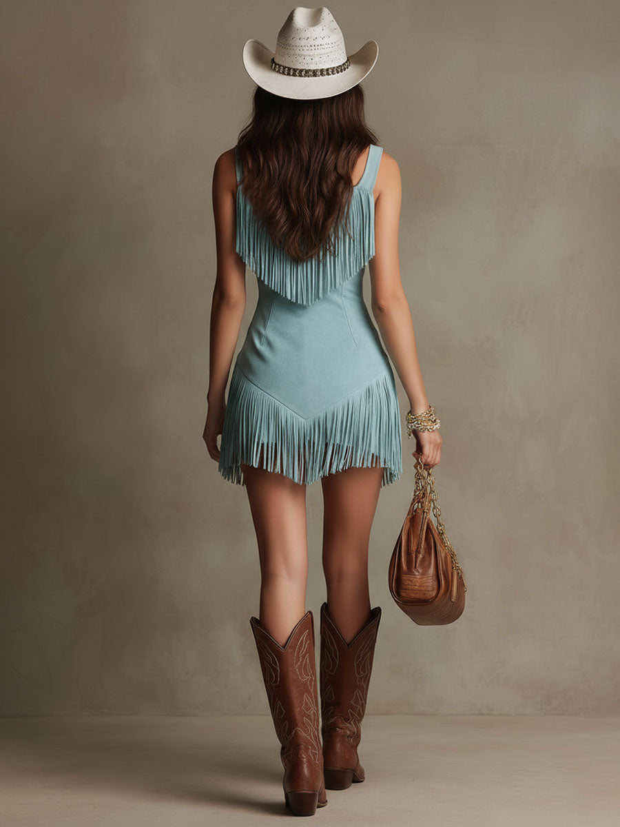 Robe Mini Sans Manches en Suédé Synthétique à Franges Style Western Rétro pour Femmes – Bleu Clair
