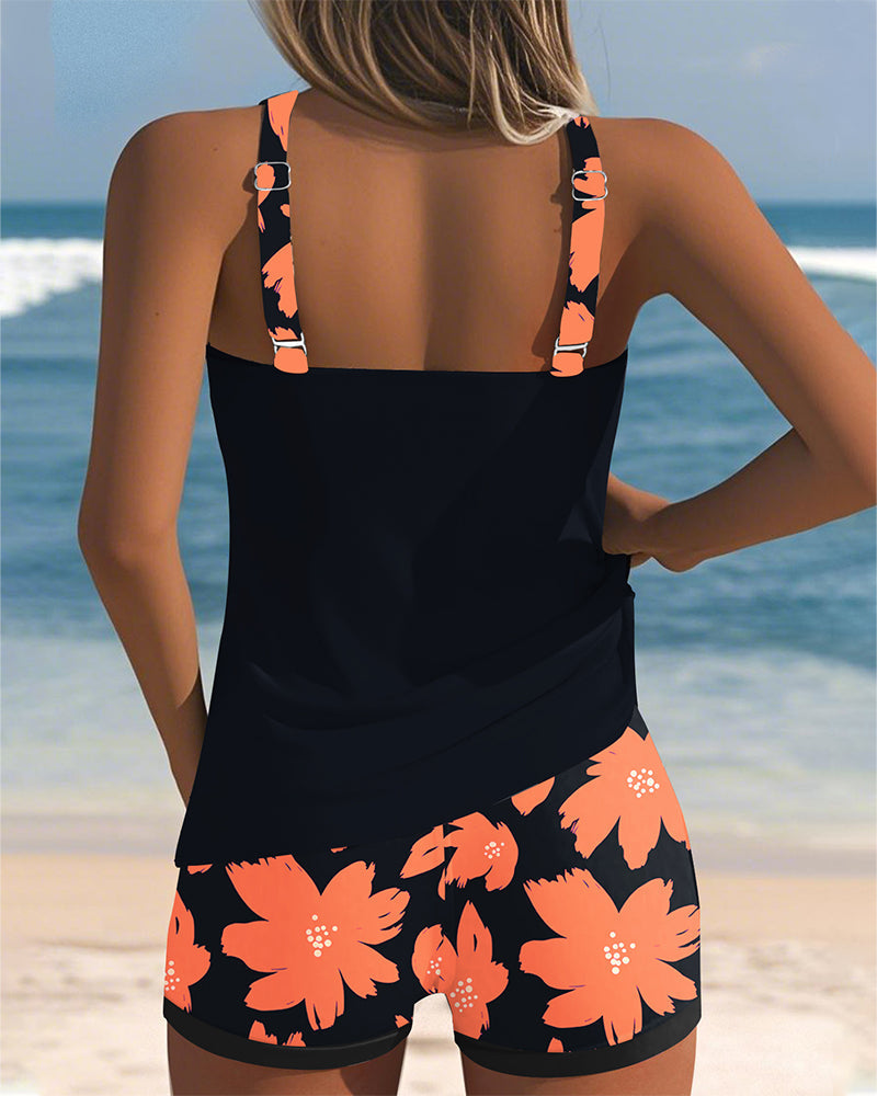 Ensemble Tankini Floral à Encolure U Sans Manches avec Short Boxer pour Femmes – Paradiso