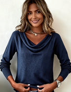 Maglione con collo a scialle per donna a maniche lunghe, casual, quotidiano, lavoro, smart casual, morbido e confortevole – Cassia
