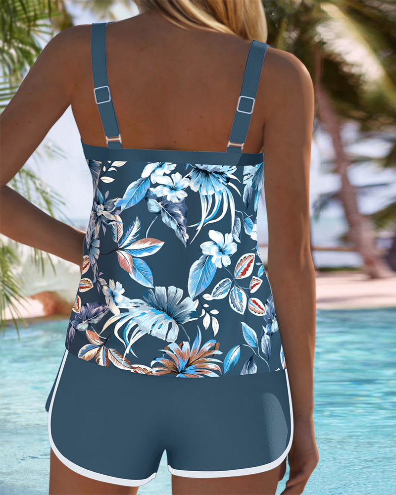 Ensemble de Tankini Imprimé à Encolure U Sans Manches pour Femmes - Haut Botanique Tropical avec Short de Bain pour Plage, Piscine, Vacances, Resort, Été – Botanica