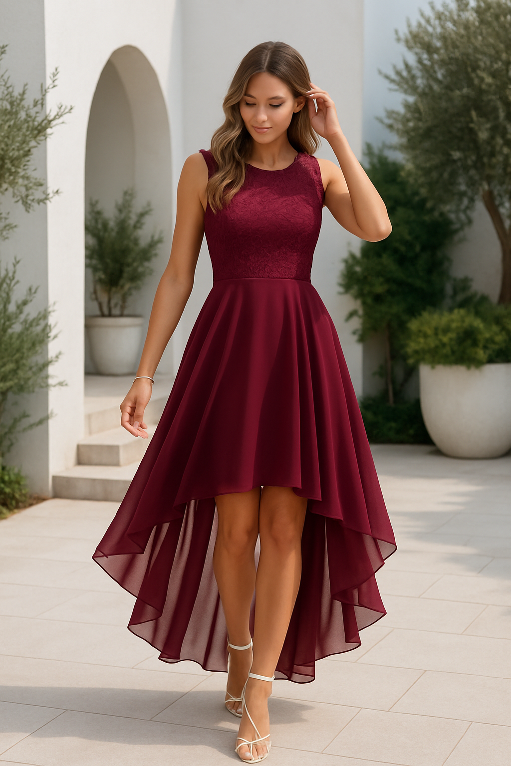 Robe de Mariage Formelle Femme Hi-Low Midi Sans Manches Fluide Élégante