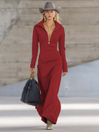 Robe Longue Sportive à Col V Avec Fermeture Éclair Pour Femme à Manches Longues Ajustée Décontractée Formelle de Fête Cowgirl Soirée Élégante