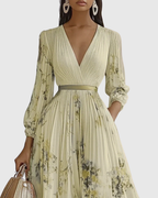 Robe Longue Plissée Florale Élégante pour Femme, Col V, Manches Longues, Taille Ruban, Formelle et Décontractée – Rowella