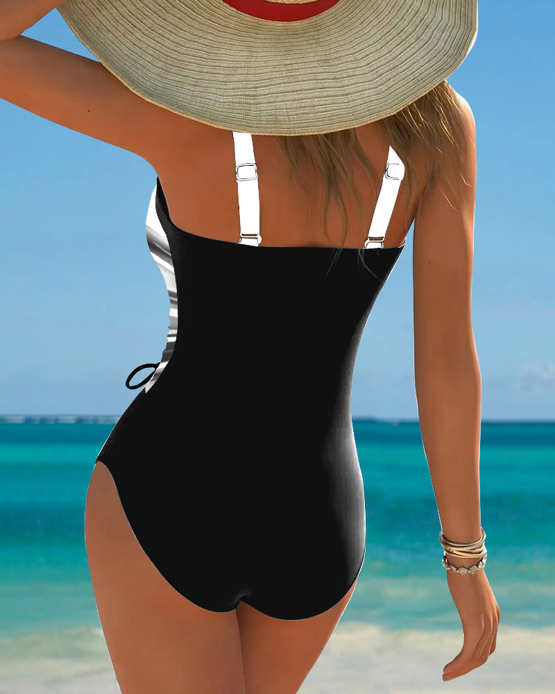 Maillot de Bain une Pièce à Lacets Pour Femmes Avec Contraste De Couleurs, Devant Enveloppant Et Sans Manches, Idéal Pour la Plage En Été