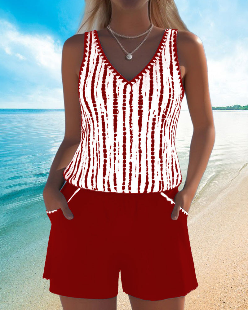 Ensemble Tankini à Rayures avec Poche V-Cou pour Femmes, Short Uni, Plage, Piscine, Vacances, Resort, Décontracté, Été, Actif – Nautica