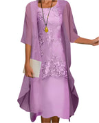 Robe Midi pour Invitées de Mariage Femme Manches Fluides Transparentes Silhouette Superposée Élégante Formelle