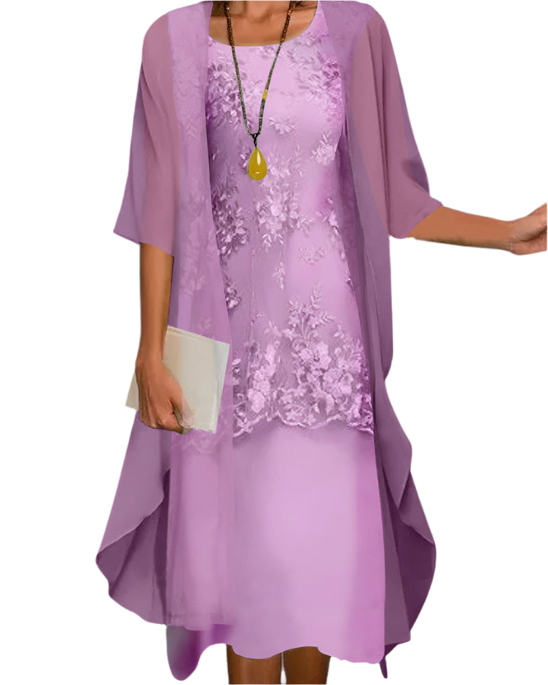 Robe Midi pour Invitées de Mariage Femme Manches Fluides Transparentes Silhouette Superposée Élégante Formelle