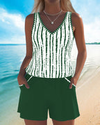 Ensemble Tankini à Rayures avec Poche V-Cou pour Femmes, Short Uni, Plage, Piscine, Vacances, Resort, Décontracté, Été, Actif – Nautica