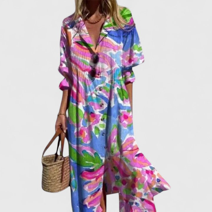 Robe Midi Été Élégante Boho Florale pour Femmes Imprimé Audacieux Sans Manches Fluide Décontractée – Paula