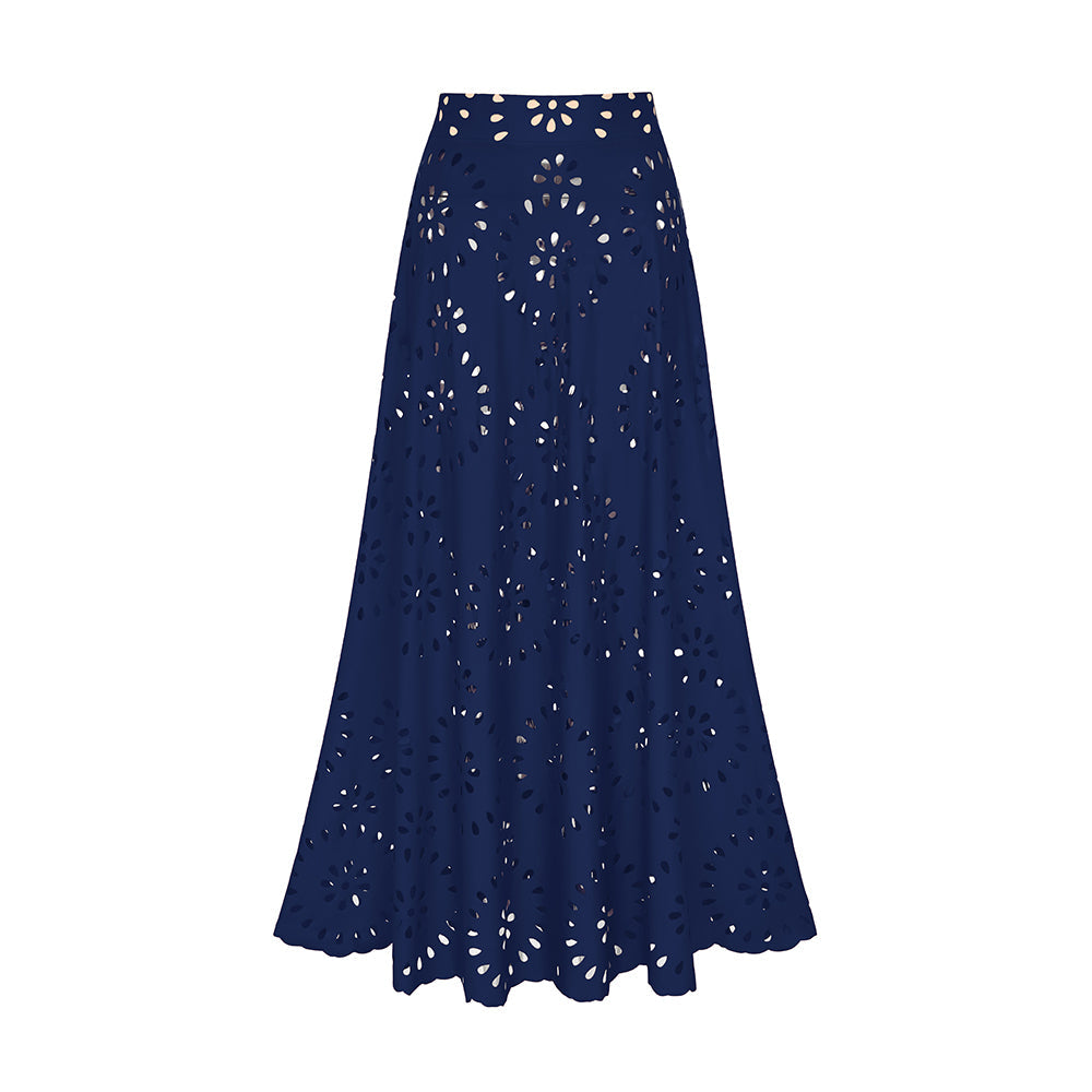 Maillot de bain une pièce en dentelle laser à fleurs creuses pour femmes avec jupe de couverture - Bleu marine