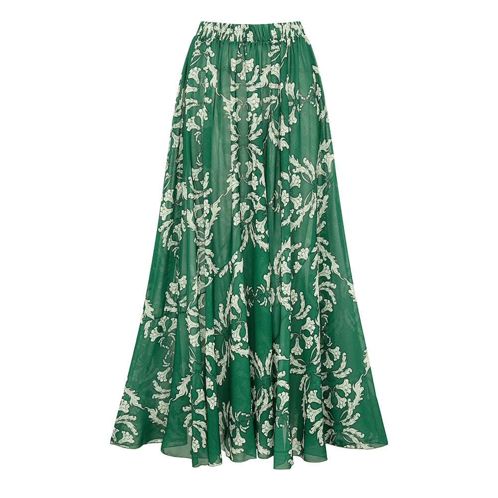 Ensemble Maillot de Bain Une Pièce Col V Lacets Imprimé Floral Vert Jupe Longue Resort Plage Soirée Lune de Miel Vacances – Émeraude