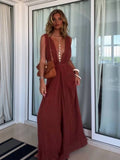 Mono largo para mujer con espalda descubierta, escote en V profundo, cintura alta, lazo burdeos, para fiesta, vacaciones, casual, chic y elegante – Vinhalia