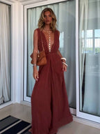 Mono largo para mujer con espalda descubierta, escote en V profundo, cintura alta, lazo burdeos, para fiesta, vacaciones, casual, chic y elegante – Vinhalia