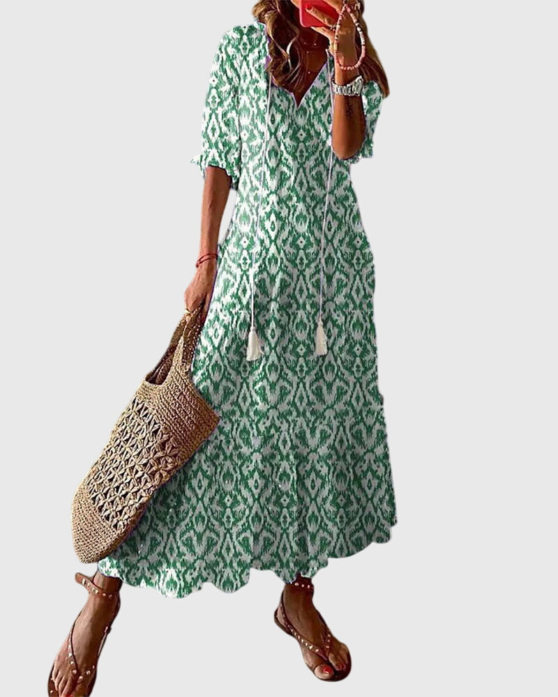 Robe Midi d'Été Vintage Boho pour Femmes Imprimé Floral à Manches Courtes Décontractée Féminine Chic – Amalia