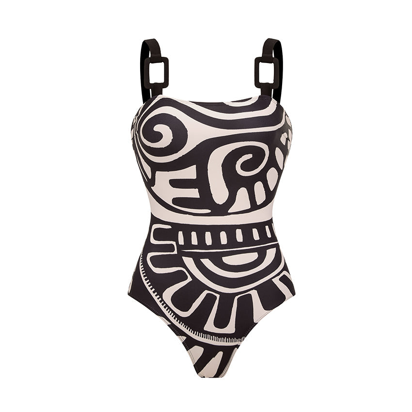 Maillot de bain une pièce à imprimé tribal pour femmes & ensemble jupe longue à bretelles réglables – Noir & Blanc