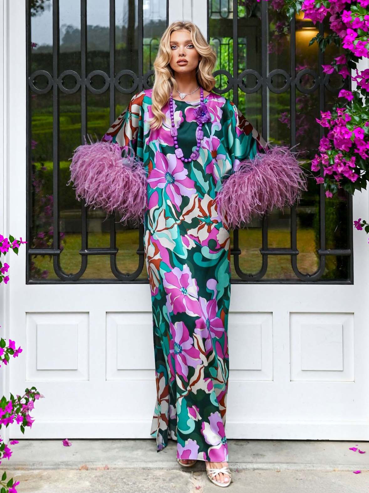 Vestido largo mujer satinado estampado floral mangas anchas puños plumas glamour casual jardín – Plumeria