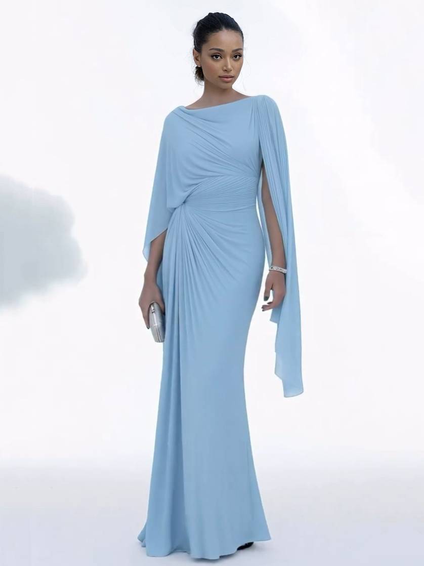 Robe Longue Femme Col Bateau Ajustée Plissée Abdomen Couvert Élégante Soirée Mariage Fête Formelle Cocktail Gala – Bateauline