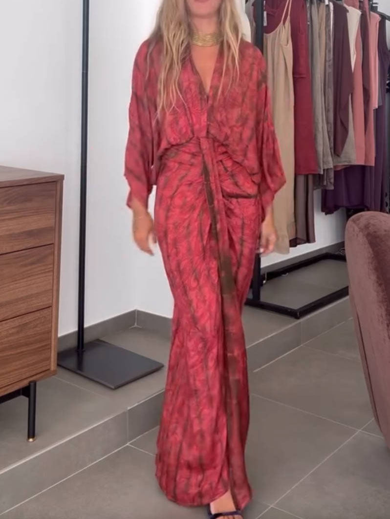 Robe Longue Femme Style Kimono Bohème Portefeuille Tie-Dye Ceinturée Fluide Vacances Garden Summer Casual Chic – Kimonara