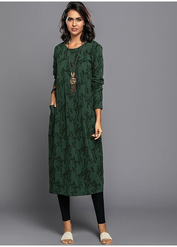 Robe Midi à Manches Longues pour Femmes avec Poches Imprimé d'Été Décontracté Confortable Ajustement Relaxé