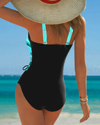 Maillot de Bain une Pièce à Lacets Pour Femmes Avec Contraste De Couleurs, Devant Enveloppant Et Sans Manches, Idéal Pour la Plage En Été