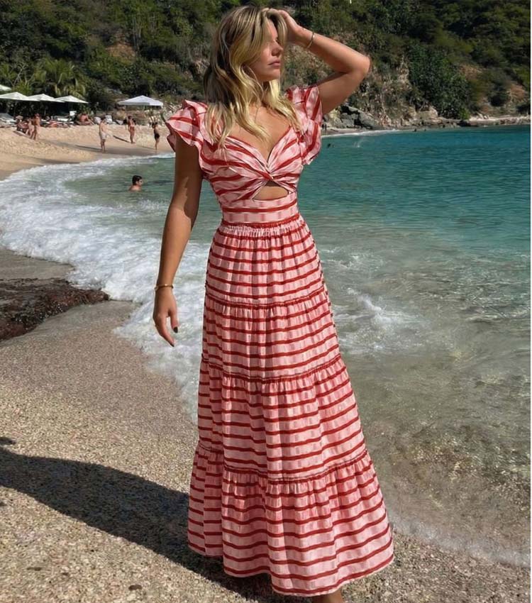 Ensemble Maillot de Bain Une Pièce Volants Twist Front Rayures Rouge Blanc Jupe Maxi Resort Plage Vacances Soirée – Rougeola