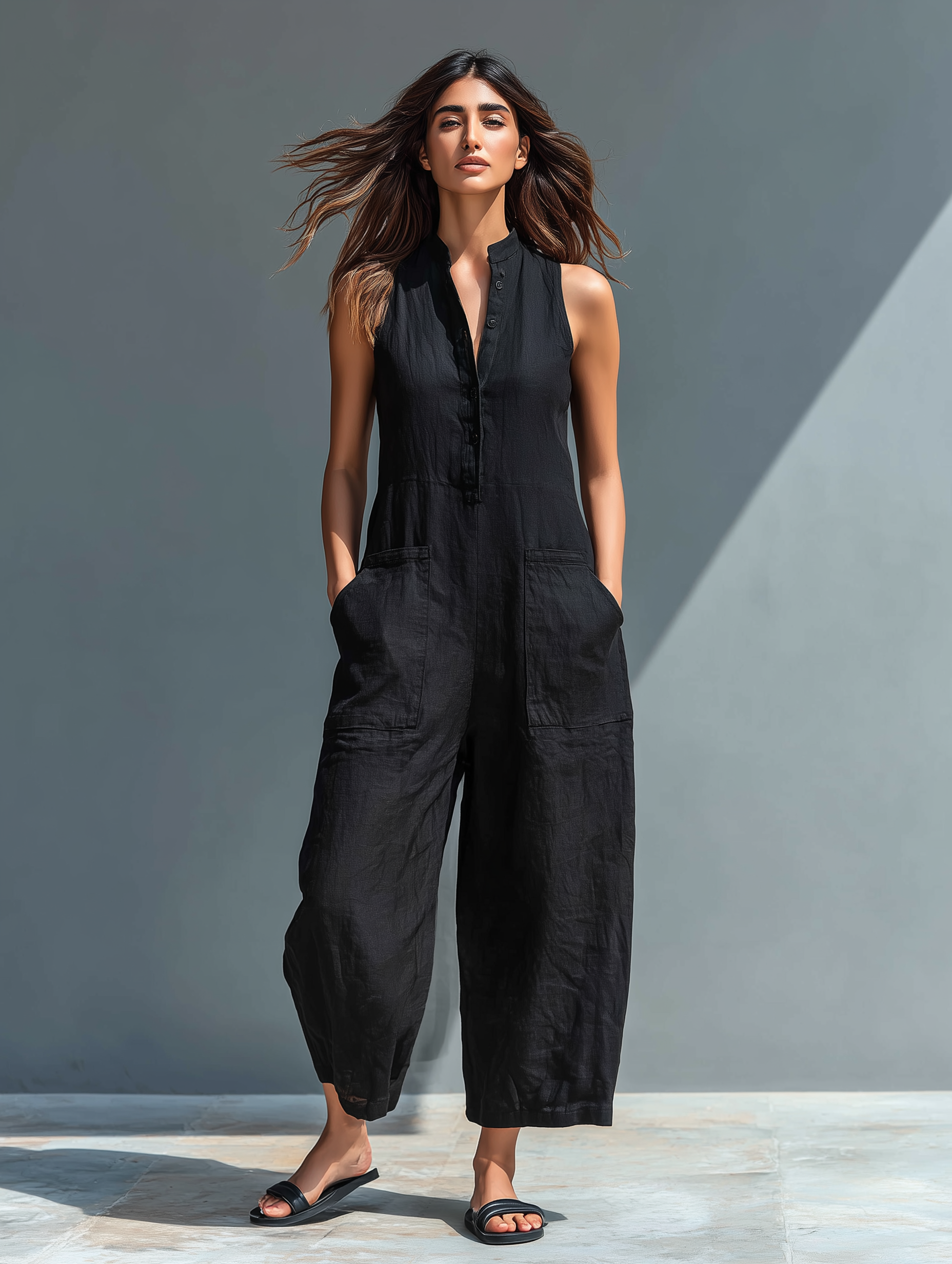Combinaison sans manches en mélange de lin minimaliste pour femmes avec col montant et boutons