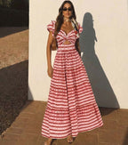 Ensemble Maillot de Bain Une Pièce Volants Twist Front Rayures Rouge Blanc Jupe Maxi Resort Plage Vacances Soirée – Rougeola