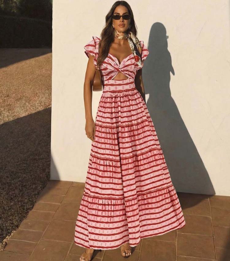 Ensemble Maillot de Bain Une Pièce Volants Twist Front Rayures Rouge Blanc Jupe Maxi Resort Plage Vacances Soirée – Rougeola