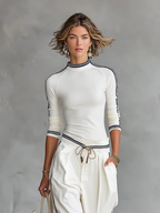 Conjunto deportivo para mujer de dos piezas con top de cuello alto, largo medio y mangas largas, pantalón ancho con cordones, casual – Blanco
