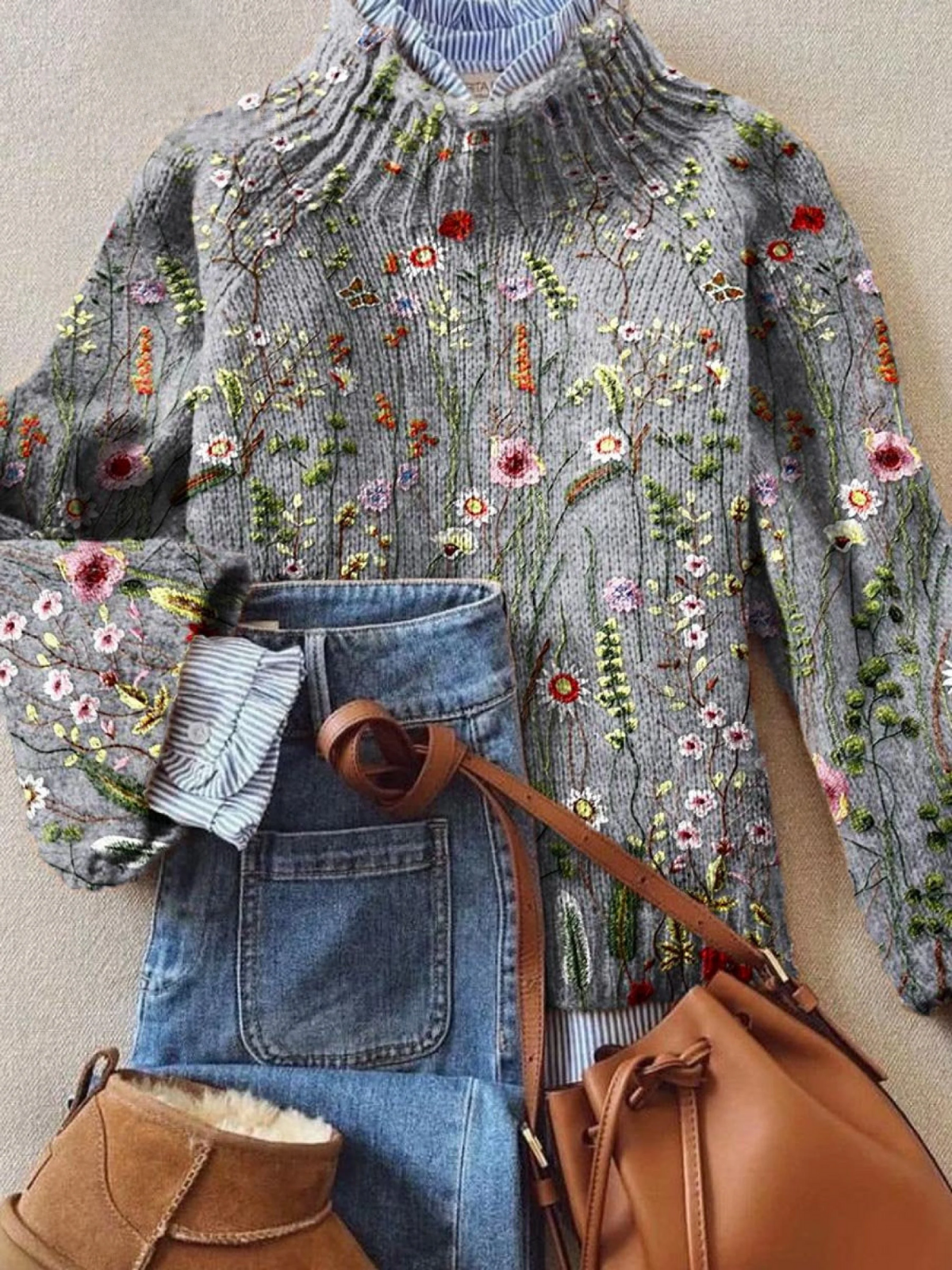 Damenpullover für den Alltag mit floralem Vintage-Strick aus Baumwolle, langärmlig – Maurine