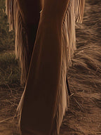 Jeans Évasés Vintage Western Pour Femmes Avec Franges – Marron