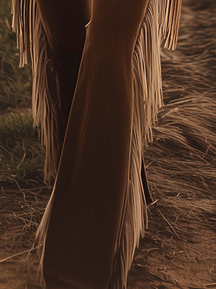 Jeans Évasés Vintage Western Pour Femmes Avec Franges – Marron