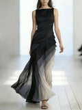 Robe Longue Sans Manches en Tulle Patchwork Taille Haute Jupe Éthérée Soirée Formelle Mariage Gala Événement – Bleu Marine et Noir