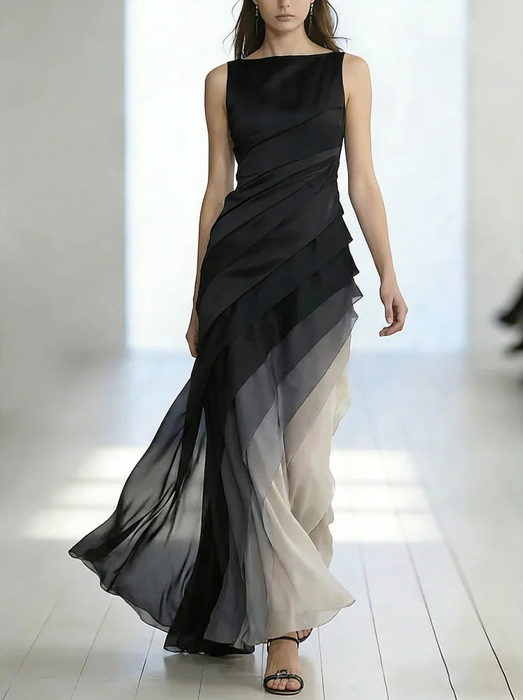 Robe Longue Sans Manches en Tulle Patchwork Taille Haute Jupe Éthérée Soirée Formelle Mariage Gala Événement – Bleu Marine et Noir