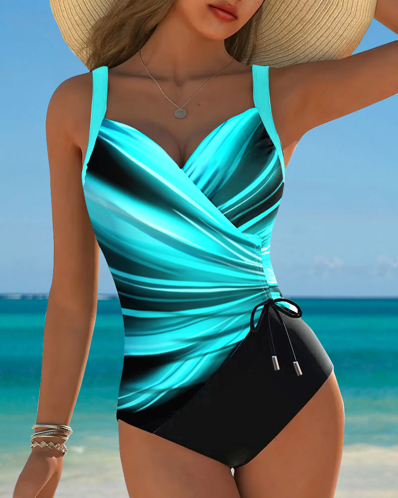 Maillot de Bain une Pièce à Lacets Pour Femmes Avec Contraste De Couleurs, Devant Enveloppant Et Sans Manches, Idéal Pour la Plage En Été