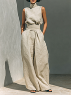 Ensemble Deux Pièces Minimaliste en Coton Lin pour Femmes, Blouse Sans Manches et Pantalon Large, Chic Décontracté – Beige