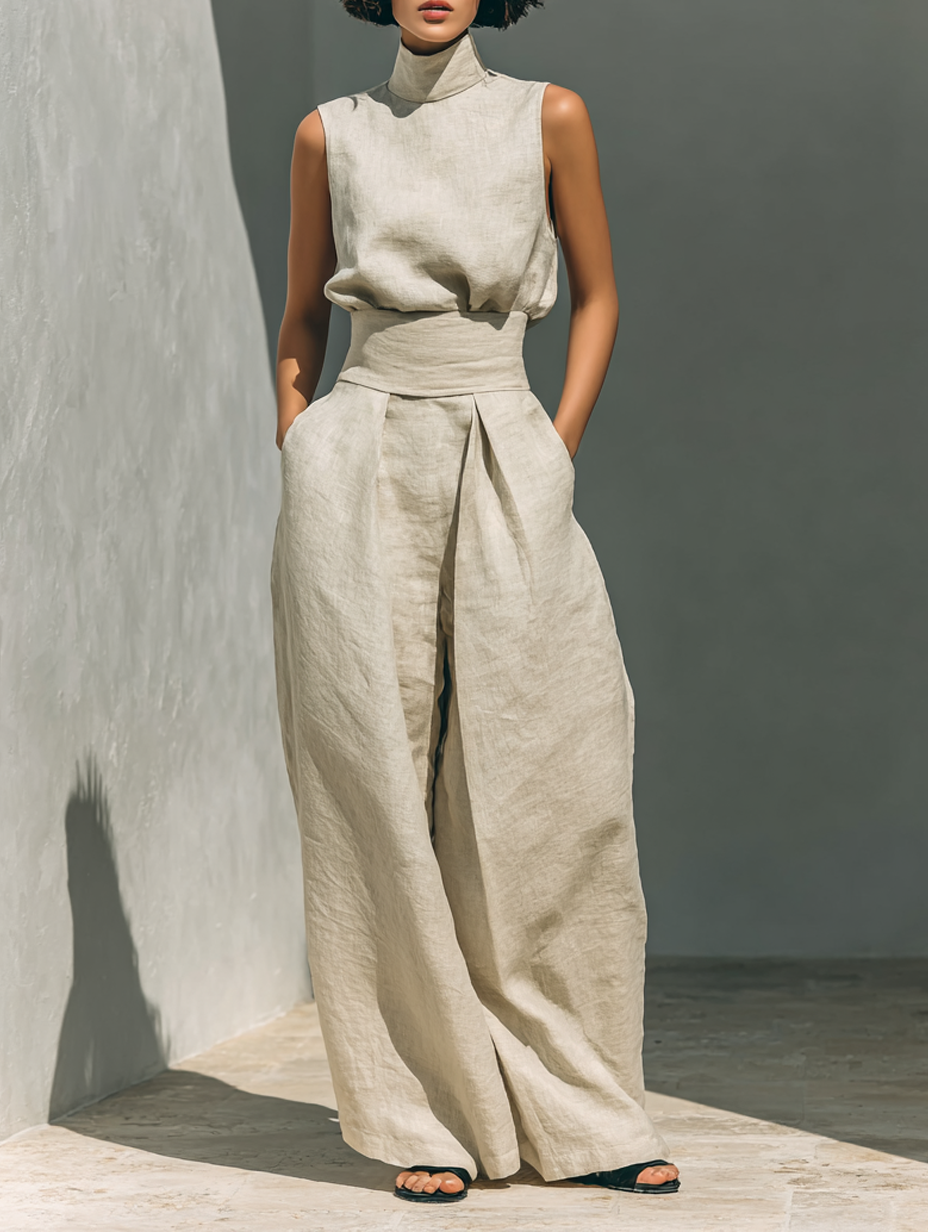 Ensemble Deux Pièces Minimaliste en Coton Lin pour Femmes, Blouse Sans Manches et Pantalon Large, Chic Décontracté – Beige