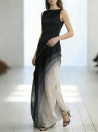 Robe Longue Sans Manches en Tulle Patchwork Taille Haute Jupe Éthérée Soirée Formelle Mariage Gala Événement – Bleu Marine et Noir