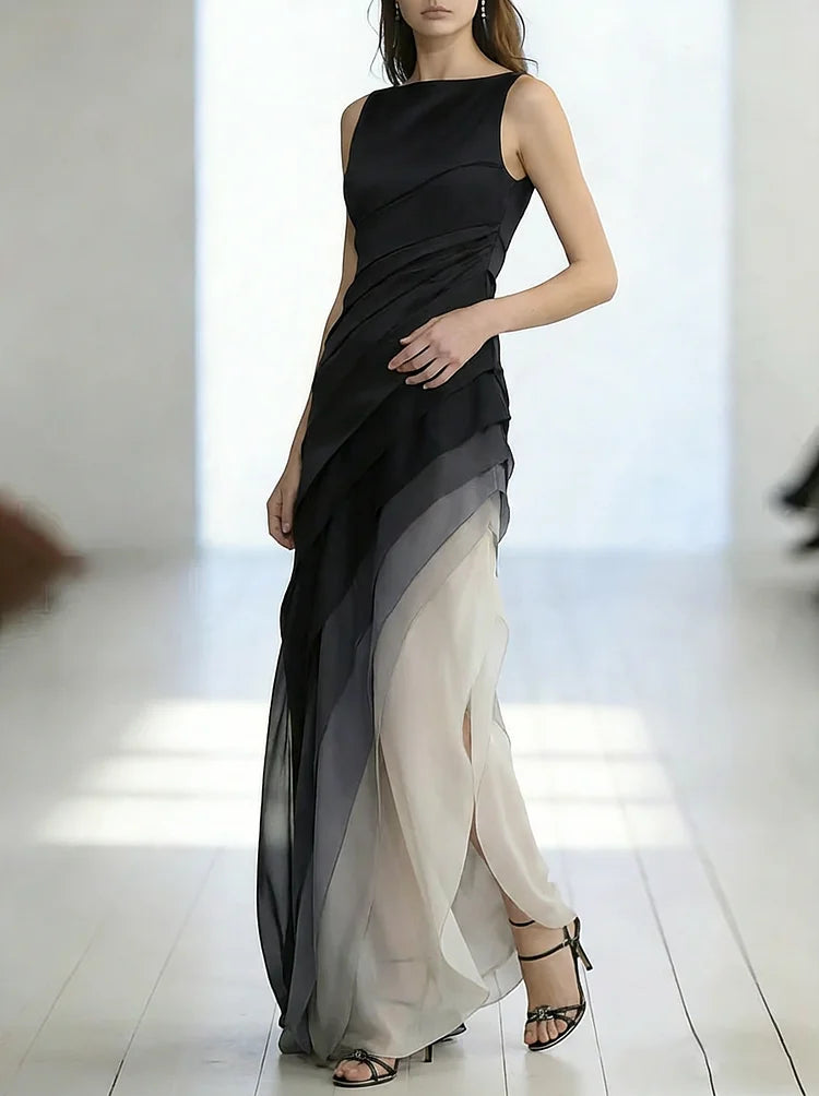 Robe Longue Sans Manches en Tulle Patchwork Taille Haute Jupe Éthérée Soirée Formelle Mariage Gala Événement – Bleu Marine et Noir