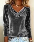 Top de terciopelo con cuello drapeado para mujer, de manga larga, casual, elegante, para uso diario, trabajo, fiesta, vacaciones, festivo, suave – Veloria
