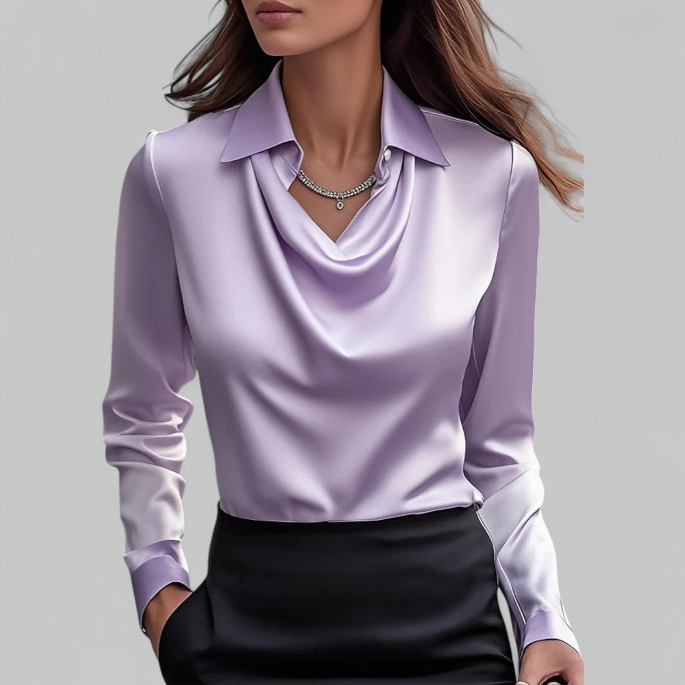 Blouse en Satin Drapé à Col Bateau à Manches Longues pour Femmes Bureau Soirée Élégante Silky Formelle – Rose