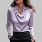 Blouse en Satin Drapé à Col Bateau à Manches Longues pour Femmes Bureau Soirée Élégante Silky Formelle – Rose