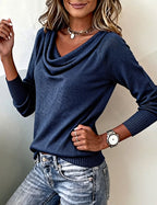 Maglione con collo a scialle per donna a maniche lunghe, casual, quotidiano, lavoro, smart casual, morbido e confortevole – Cassia