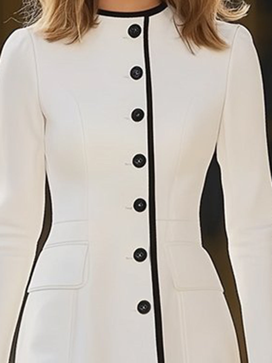Robe Midi Élégante à Colorblock pour Femme en Laine Synthétique avec Boutons et Col Rond – Blanc Ivoire