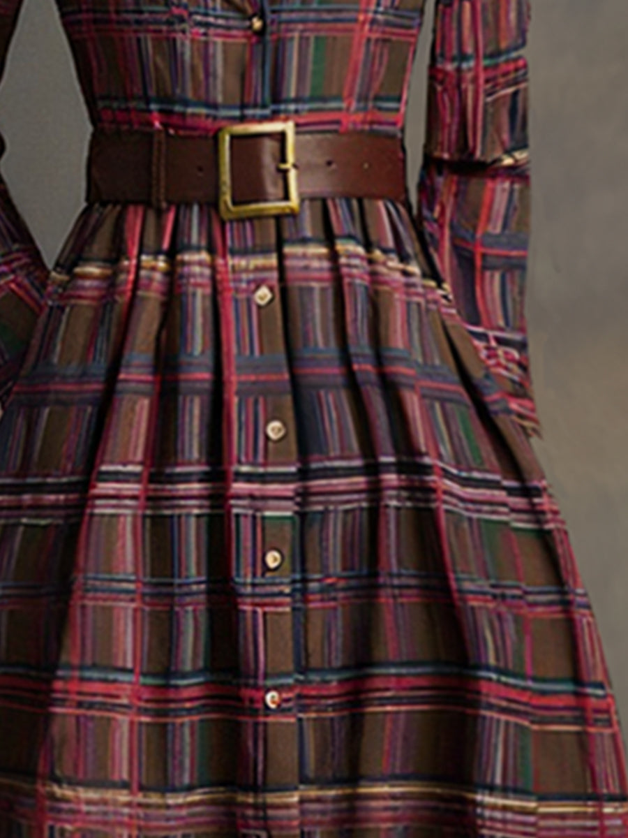 Robe longue décontractée à carreaux ethniques rétro pour femmes avec col, ceinture et manches longues – Marron rougeâtre