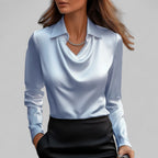 Blouse en Satin Drapé à Col Bateau à Manches Longues pour Femmes Bureau Soirée Élégante Silky Formelle – Rose