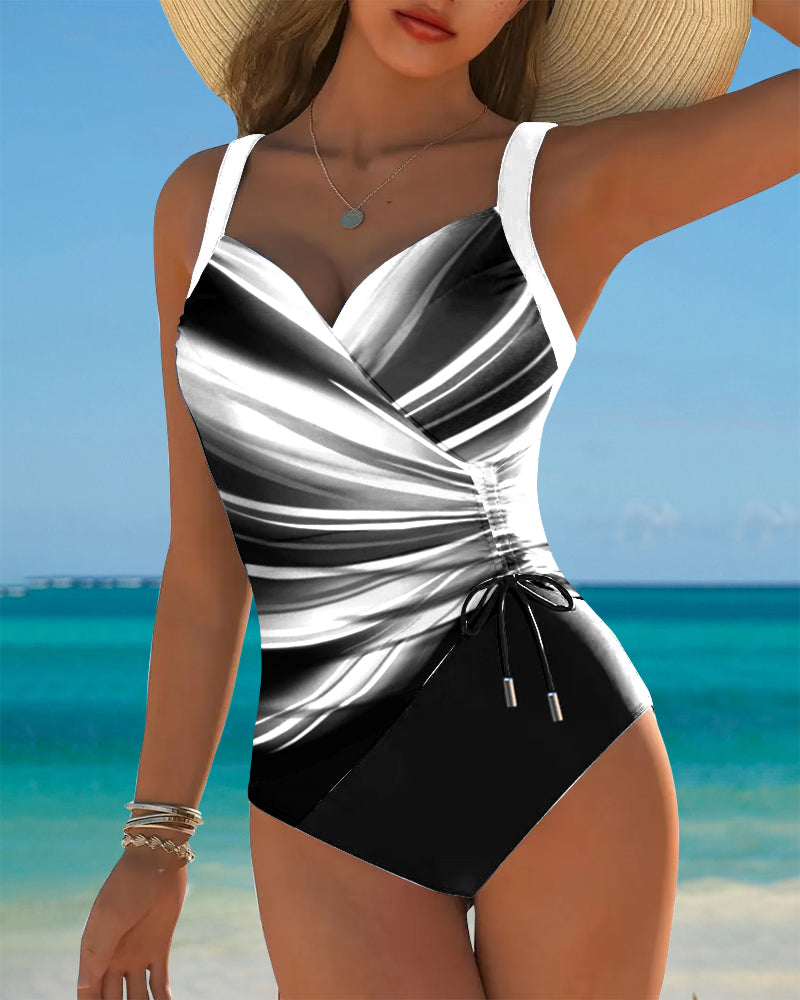 Maillot de Bain une Pièce à Lacets Pour Femmes Avec Contraste De Couleurs, Devant Enveloppant Et Sans Manches, Idéal Pour la Plage En Été