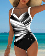 Maillot de Bain une Pièce à Lacets Pour Femmes Avec Contraste De Couleurs, Devant Enveloppant Et Sans Manches, Idéal Pour la Plage En Été
